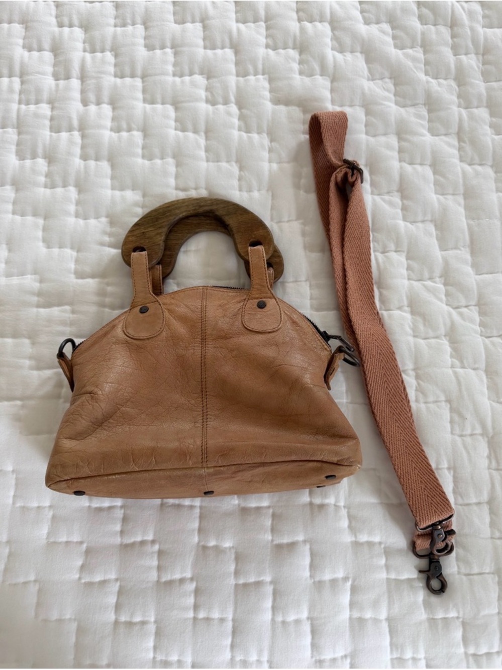 Free People Leather Top-Handle satchel in tan with wood handles